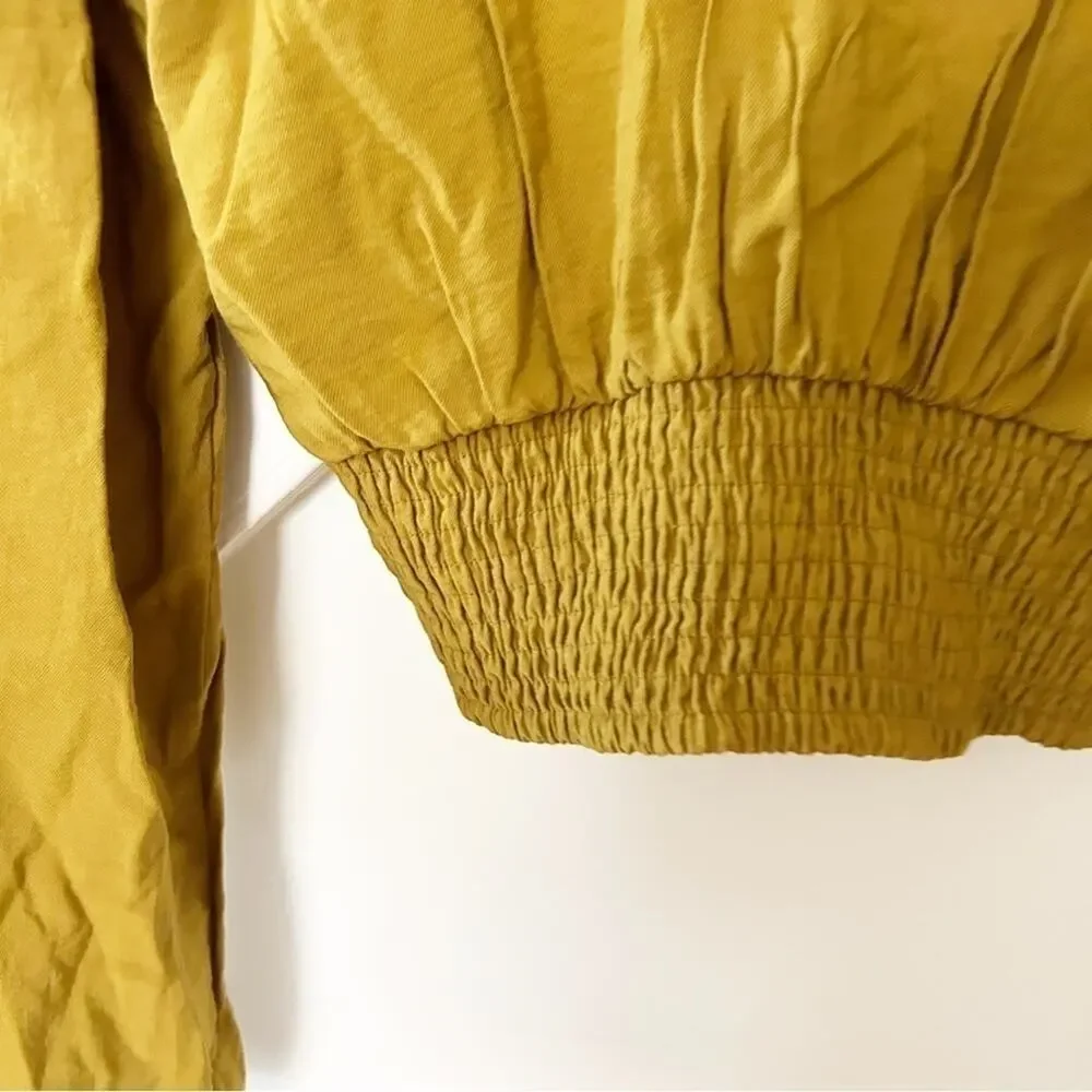Free People Mustard Yellow Long Sleeve Smocked Forever Yours Cropped Top Size S